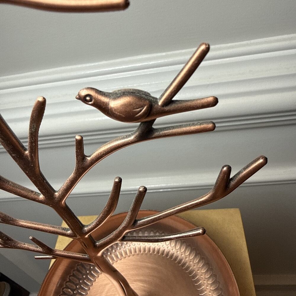 Copper Tone Bird Tree Jewelry Holder Organizer Trinket Dish Necklace Stand - Picture 4 of 8